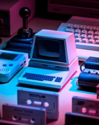 miniature of a retro PC surrounded by other retro accessories like cassettes, game boys and joysticks